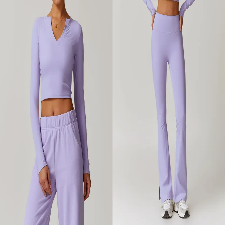 Skinny Peach Hip Raise Yoga Pants Running Sports Bell-bottom Pants - Romantic Purple Set