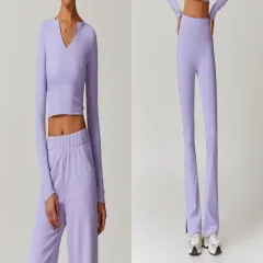 Skinny Peach Hip Raise Yoga Pants Running Sports Bell-bottom Pants - Romantic Purple Set - View 1