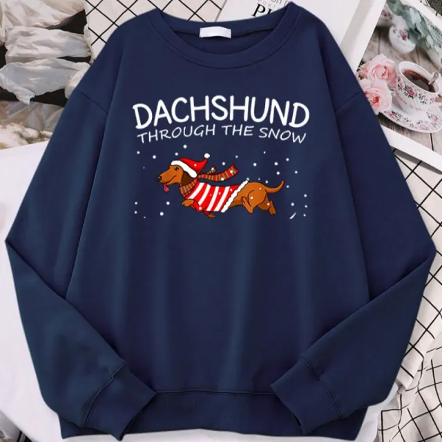 Sausage Dog Crosses Snow Funny Dog Christmas Women's Hoodie Dark Blue - Shop at LoveMi