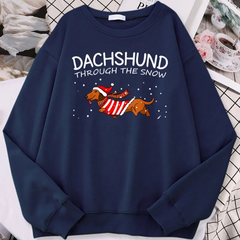 Sausage Dog Crosses Snow Funny Dog Christmas Women's Hoodie - Dark Blue