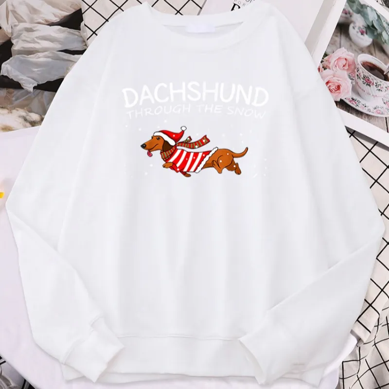 Sausage Dog Crosses Snow Funny Dog Christmas Women's Hoodie - White