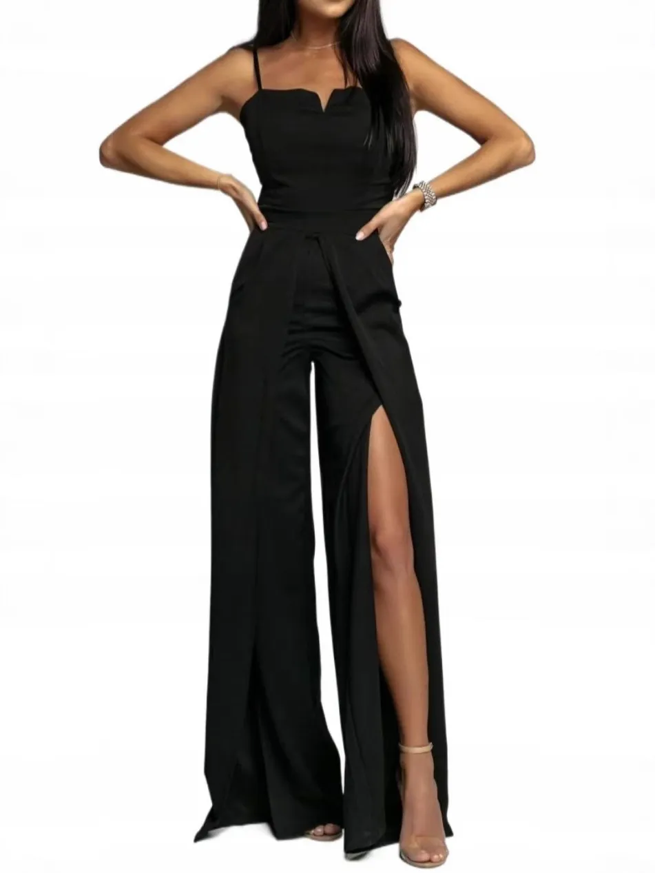 Bodycon Slit Pants Bustier Strap Jumpsuit - Black