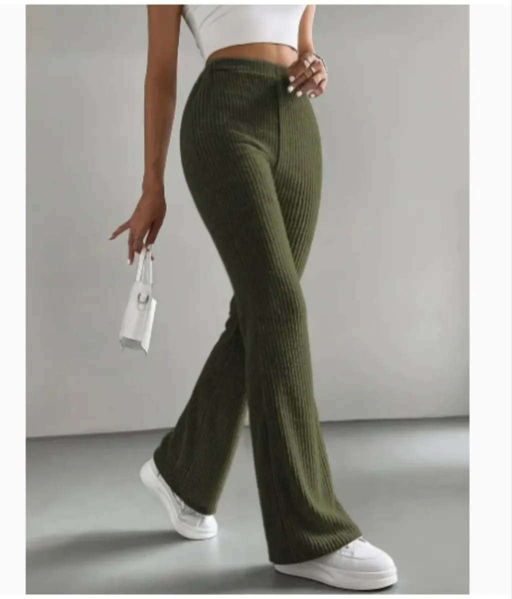 Women's Autumn Solid Color Rib Knit Bootcut Trousers - Green