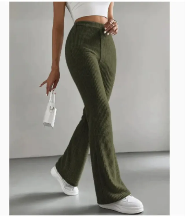 Women's Autumn Solid Color Rib Knit Bootcut Trousers Green - Shop at LoveMi