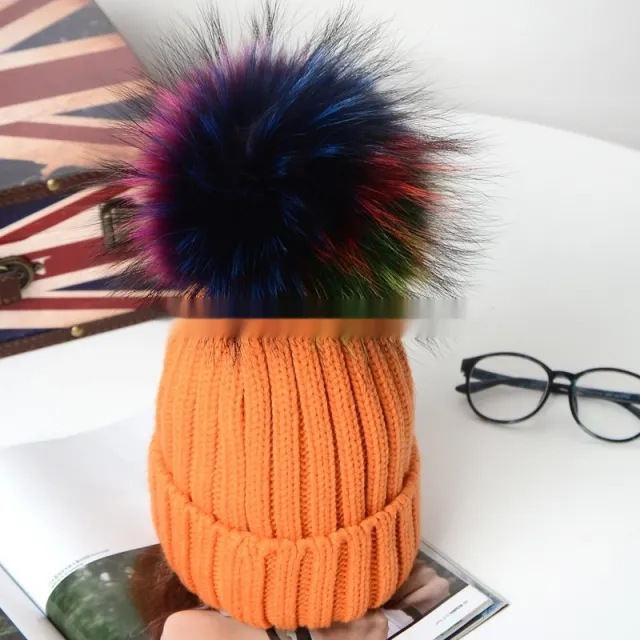 Autumn And Winter Pom pom Wool Hat Raccoon Orange Colored Fur Ball - Shop at LoveMi