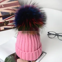 Autumn And Winter Pom-pom Wool Hat Raccoon - Pink Coloured Fur Ball - View 1