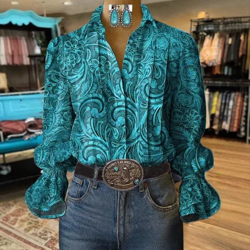 Fashion Casual Retro Formal Women's Shirt Lake Blue - Shop at LoveMi