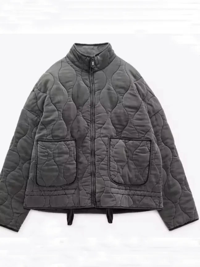 Women's Pocket Decoration Cotton Jacket Coat - Dark Grey