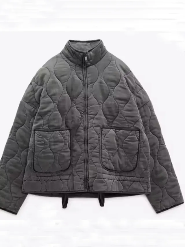 Women's Pocket Decoration Cotton Jacket Coat Dark Grey - Shop at LoveMi