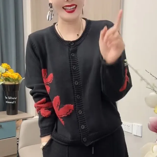 Stylish Knit Winter Fashion Lazy Retro Floral Round Neck Cotton Top Black - Shop at LoveMi