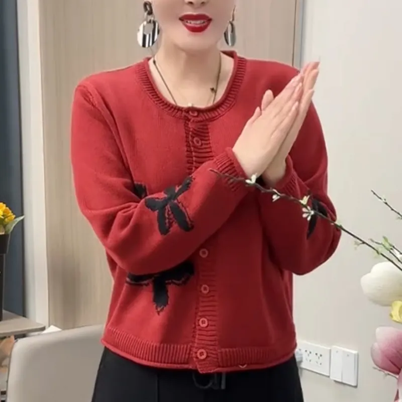 Stylish Knit Winter Fashion Lazy Retro Floral Round Neck Cotton Top - Red