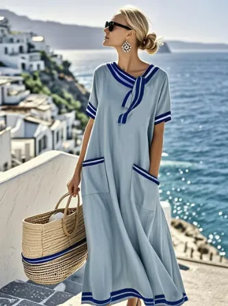 Women's Casual Loose Fashion Solid Color Dress - Navy