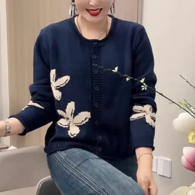Stylish Knit Winter Fashion Lazy Retro Floral Round Neck Cotton Top - Navy Blue