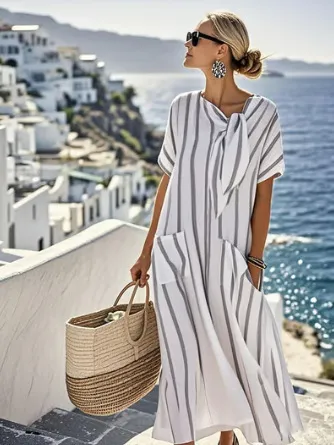 Women's Casual Loose Fashion Solid Color Dress - White And Gray Stripes