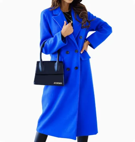 Autumn And Winter New Lapel Double Breasted Coat For Women - Blue