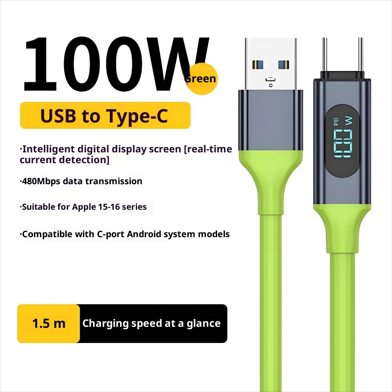 Fast Charging Data Cable With Intelligent Digital Display – Green, Type c
