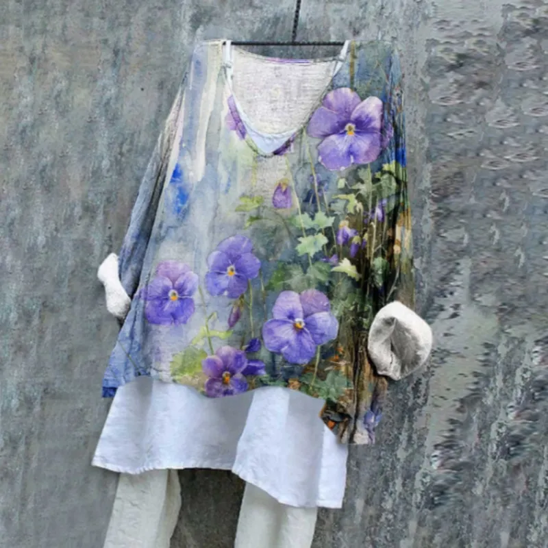 Women's Watercolor Purple Garden Floral Pattern Print Flowy Tunic - Purple