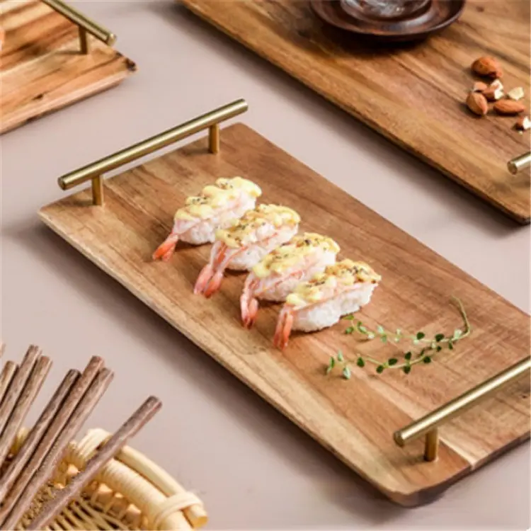 Metal Handle Rectangular Wooden Tray