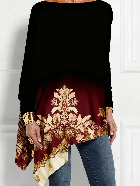 Black Red Gradient Boat Neck Top With Vintage Pattern Print Black - Shop at LoveMi