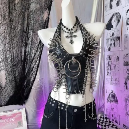 Wild And Sweet Cat Pure Desire Spicy Girl Metal Rivet V Neck Cross Chain PU Leather Music Festival Y2K Vest Black - Shop at LoveMi