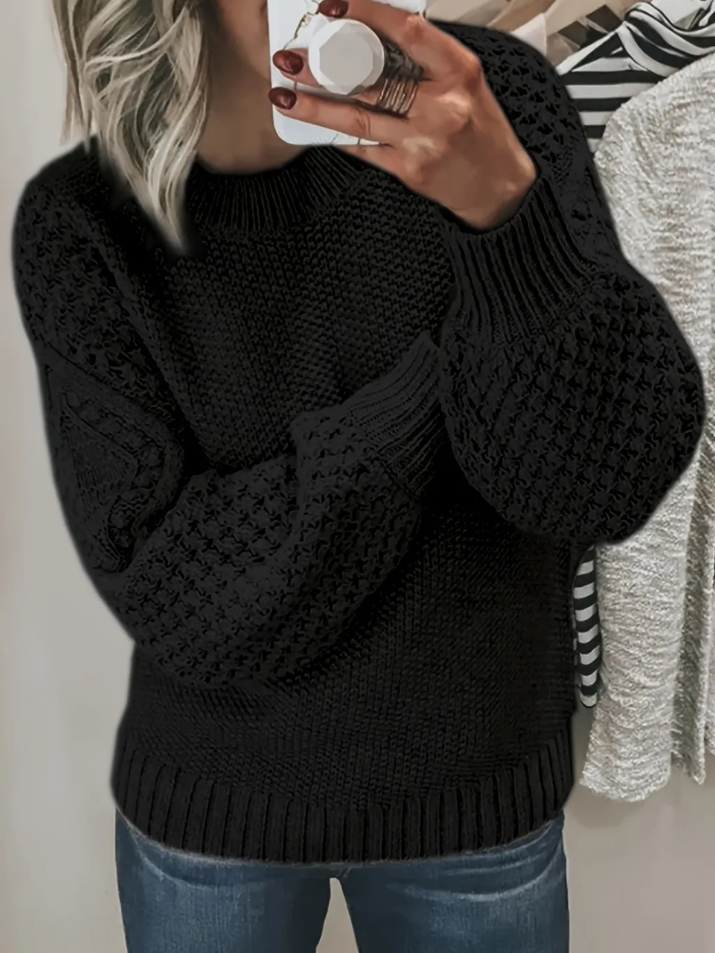 Warm Sweater Versatile Solid Color Outerwear Knitted Pullover For Women - Black