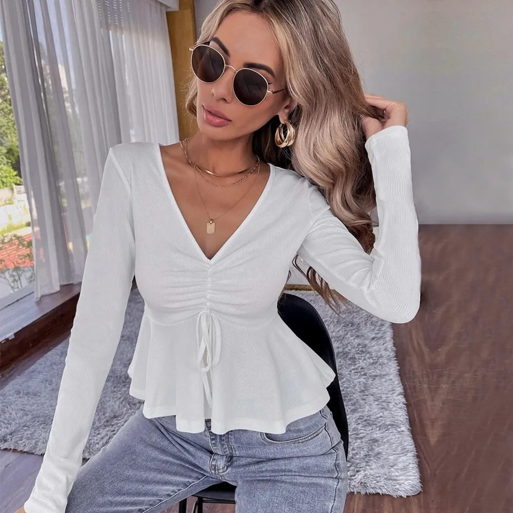 Women's V-neck Ruffled Peplum Waist-cinching Knit Long-sleeve Crop Top - White