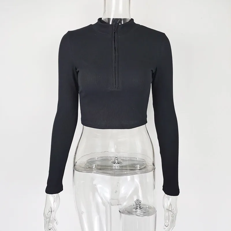 Women's Casual Solid Color Zipper Crop Slim Fit Top - Black