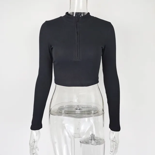 Women's Casual Solid Color Zipper Crop Slim Fit Top Black - Shop at LoveMi