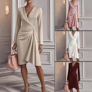 Solid Color Slim-fit Long Sleeve V-pleated Design Dress