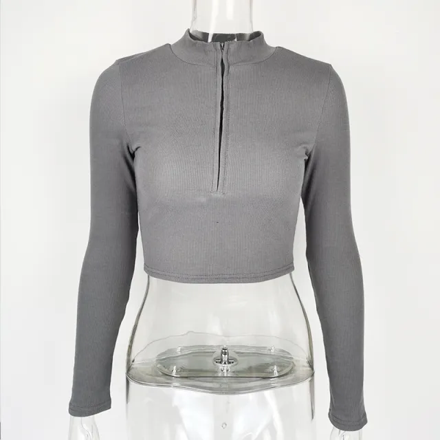 Women's Casual Solid Color Zipper Crop Slim Fit Top Dark Gray - Shop at LoveMi