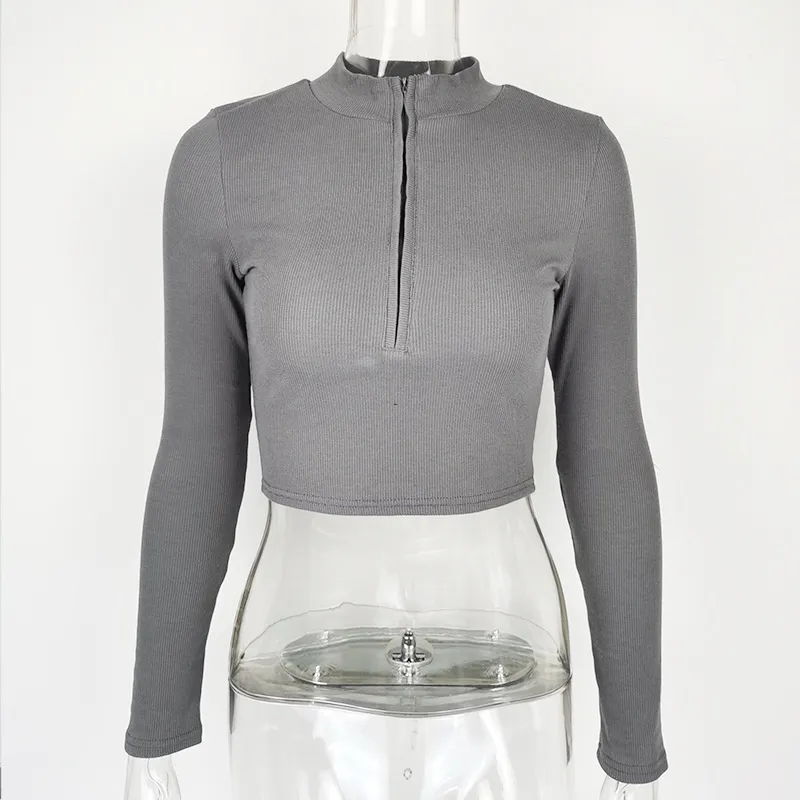Women's Casual Solid Color Zipper Crop Slim Fit Top - Dark Gray
