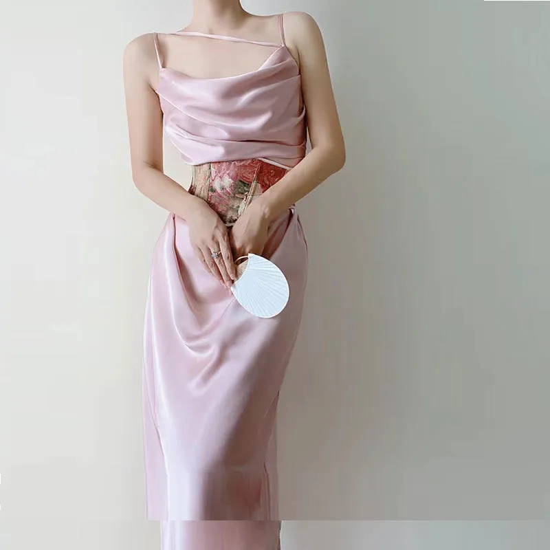 Retro Niche Swing Neck Acetate Strappy Fishbone Corset Dress - Pink
