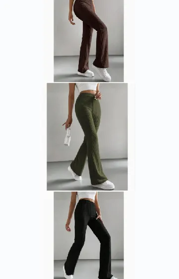 Women's Autumn Solid Color Rib Knit Bootcut Trousers Set - Shop at LoveMi