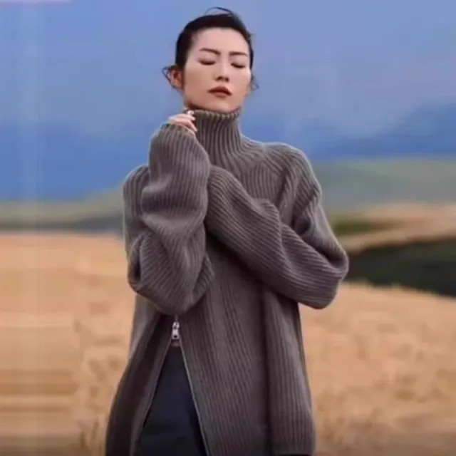 Ladies High Neck Long Sleeve Sweater Dark Grey - Shop at LoveMi