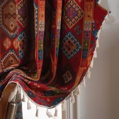 American Style Tassel Curtains For Bedroom, Living Room, Balcony, Ready-made Curtains - Red Geometric Badge - View 1