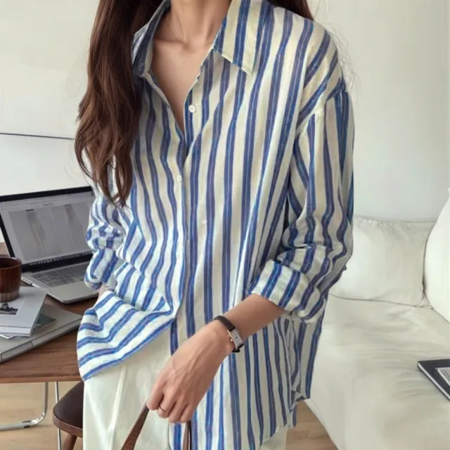 Casual Lapel Elegant Commute Long Sleeve Blue Striped Shirt Women Blue - Shop at LoveMi
