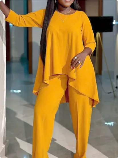 Women's Fashion Loose And Irregular Top Pants Suit Elegant Two-piece Set - Yellow