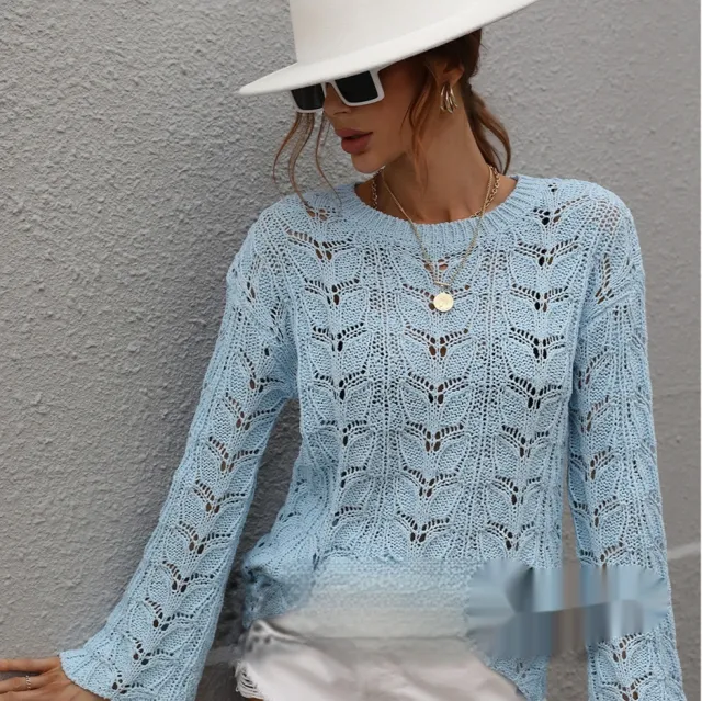 Solid Color Crochet Hollow out Round Neck Loose Sweater Women Blue - Shop at LoveMi