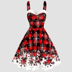 Women's Halter Neck Gradient Snow Print Vintage Dress - Wine Red - View 1
