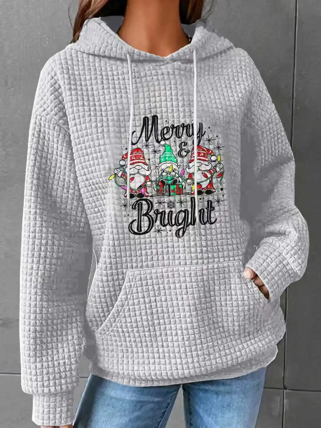Valentine's Day Heart Waffle Long Sleeve Hoodie - Grey Christmas