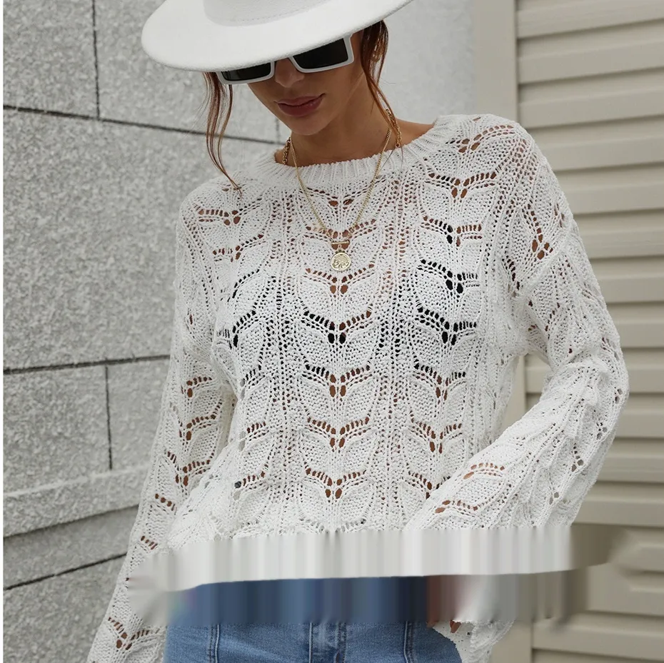 Solid Color Crochet Hollow-out Round Neck Loose Sweater Women - White