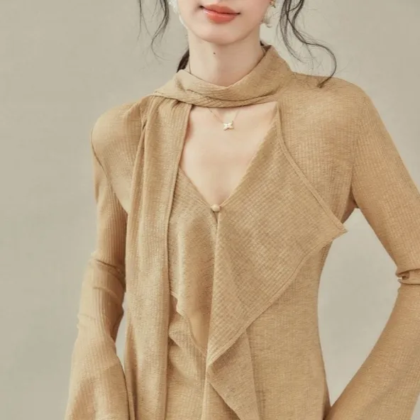 Design Sense Ribbon V neck T shirt Long sleeved Top Sunset Yellow - Shop at LoveMi