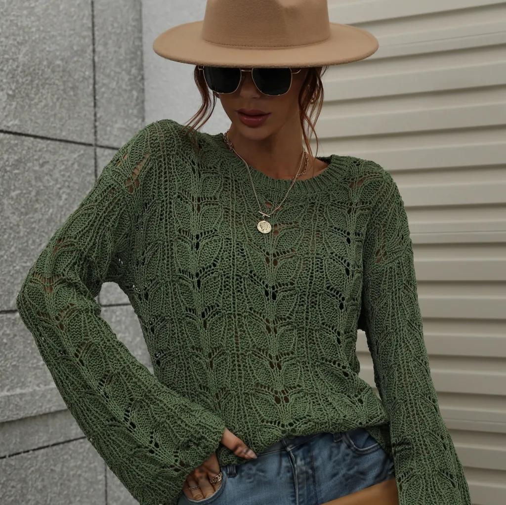 Solid Color Crochet Hollow-out Round Neck Loose Sweater Women - Green