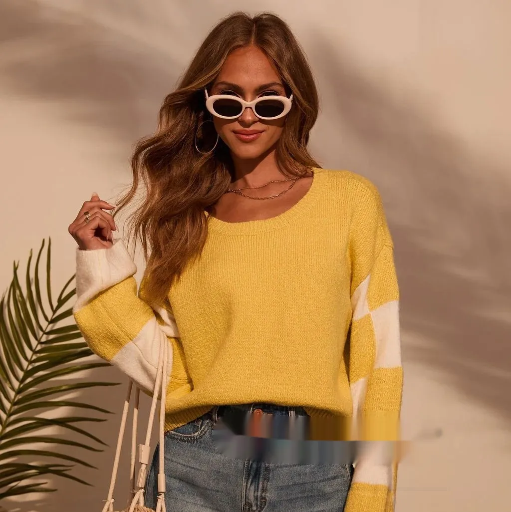 Women's Fashion Trend Multi-color Printed Long Sleeve Color-block Sweater - Yellow