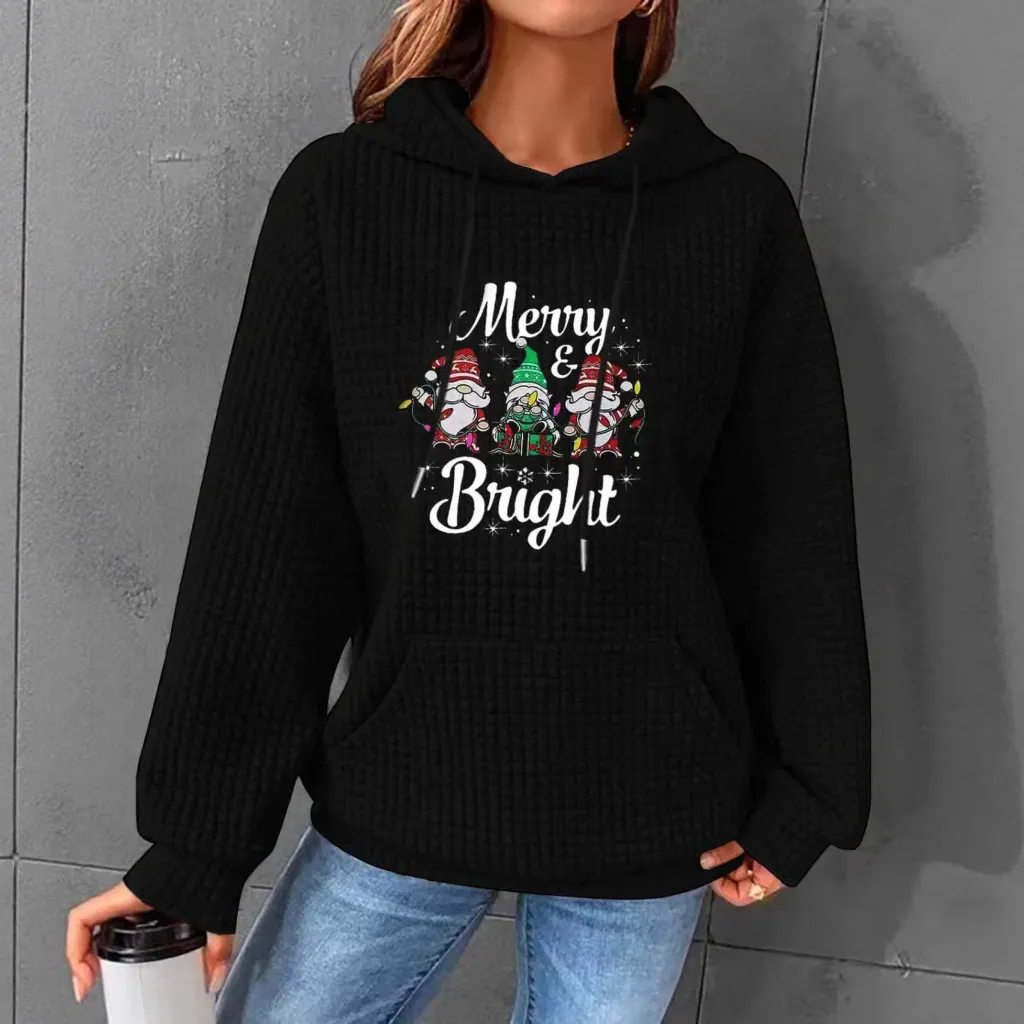 Valentine's Day Heart Waffle Long Sleeve Hoodie - Black