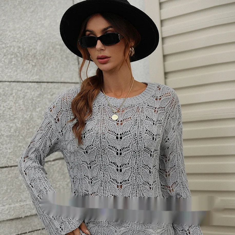 Solid Color Crochet Hollow-out Round Neck Loose Sweater Women - Light Gray