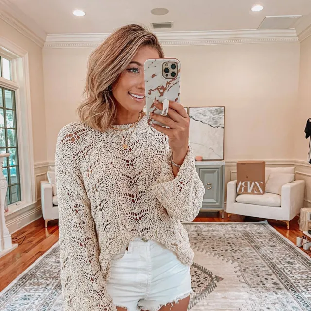 Solid Color Crochet Hollow out Round Neck Loose Sweater Women Apricot - Shop at LoveMi