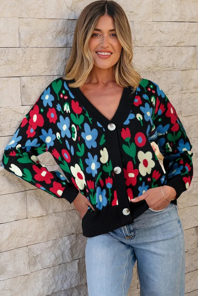 Black Floral Print V neck Button Short Cardigan Sweater Black - Shop at LoveMi