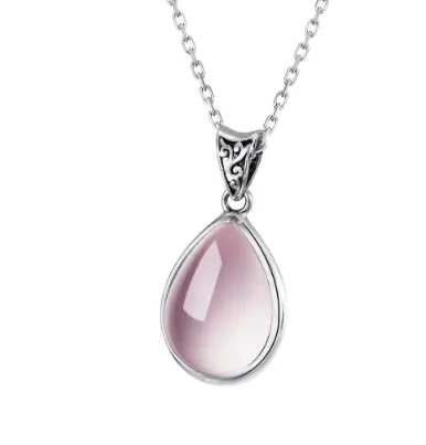 S925 Silver Powder Crystal Pendant Necklace Women's All-match Drop-shaped Ice-like Ross Quartz Clavicle Chain