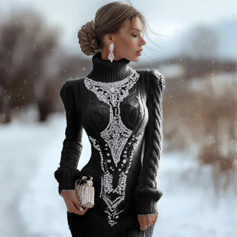 Printed Women's Slim-fit High-neck Bodycon Dress Sweater - Black